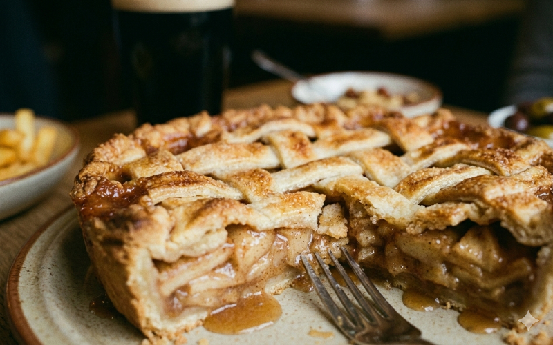 An extreme close-up of a golden-brown lattice-top apple pie on a ceramic plate, with a slice removed to reveal a thick, jammy apple filling. A silver fork rests on the plate next to the pie. In the soft-focus background, a pint of dark beer with a thick white head and small bowls of french fries and olives sit on a wooden restaurant table.